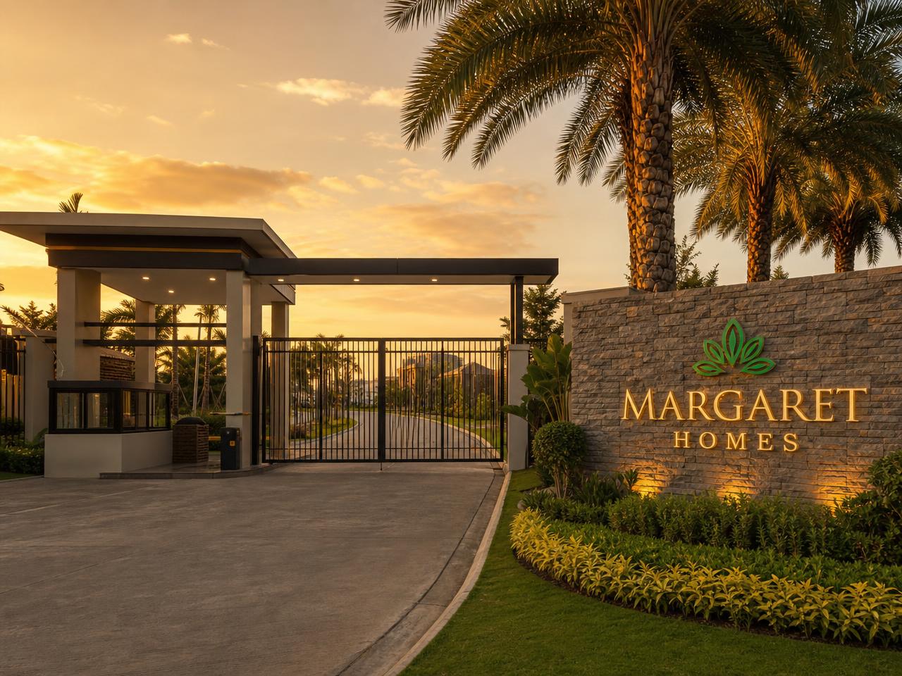 The entrance gate and Margaret Homes sign at sunset